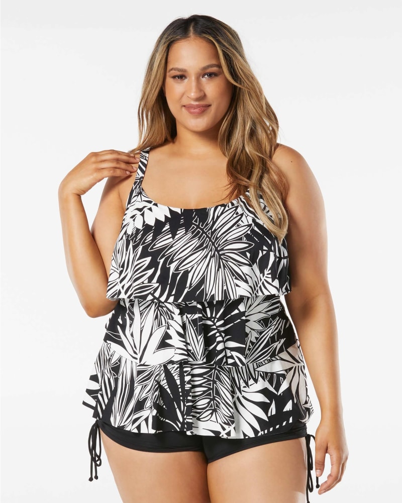 Front of a model wearing a size 16W Jane Ruffle Tiered Tankini in BLACK by Beach House Woman. | dia_product_style_image_id:282036